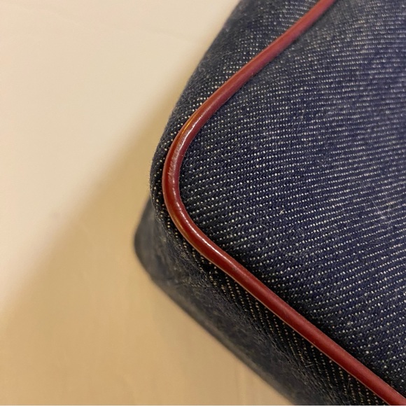 RARE Vintage Burberry Embroidered with Red Leather Trim Handbag Blue Denim Tote - Picture 11 of 16